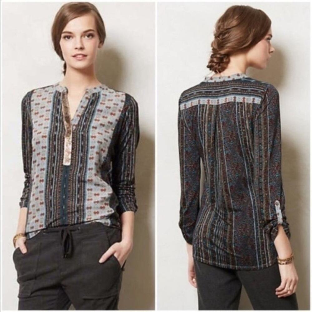 Anthropologie Tiny Devas Aztec Printed Sequin popover Peasant Top XS